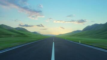 Perspective highway road, mountain view and sky backlight sunset travel journey photo