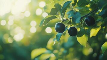 Black apple in tree with macro bokeh background sunlight summer photo