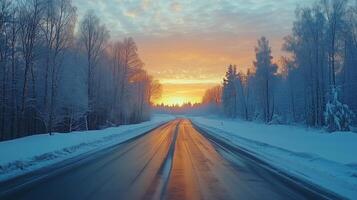 Perspective highway road, mountain forest view and blue sky on winter travel journey photo