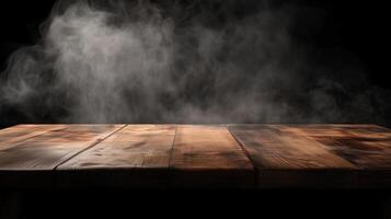 Brown wooden table perspective with dark rustic wall background photo