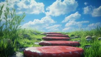 Stepping red textured stones forwarding to hill mountain peak destination on mountain photo