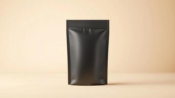 Mockup zipper pouch black carton standing product packaging on soft background photo