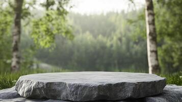 Grey stone flat podium stage showcase branding product on nature environment concept photo