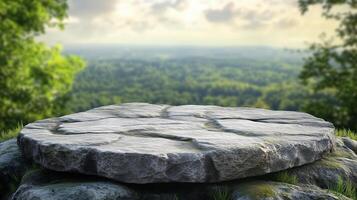 Grey stone flat podium stage showcase branding product on nature environment concept photo