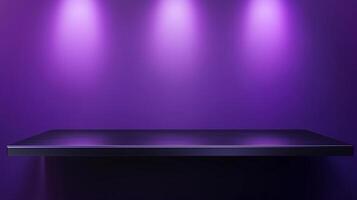 Black steel countertop shelf with spotlight and purple wall for product display promotion photo