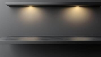Black steel countertop shelf with spotlight and black wall for product display promotion photo