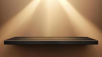 Black steel countertop shelf with spotlight and brown wall for product display promotion photo