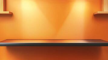 Black steel countertop shelf with spotlight and orange wall for product display promotion photo