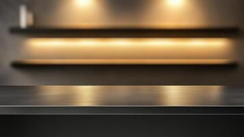 Black steel countertop shelf with spotlight and yellow wall for product display promotion photo