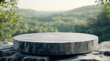 Stone podium stage on edge summer and valley view nature in winter forest photo