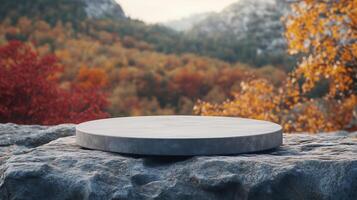 Stone podium stage on edge autumn and valley view nature in winter forest photo