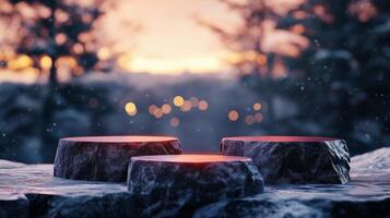 Stone podium stage on edge mountain and valley view nature in winter forest photo