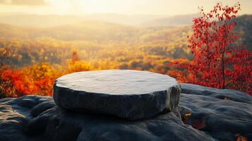 Stone podium stage on edge mountain and valley view nature in autumn forest photo