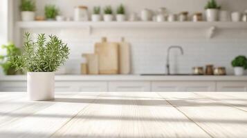 Wooden brown table display on kitchen with sun bright blurred background photo