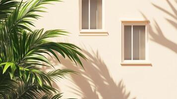 Modern minimalist east style window building with beige tone wall and greenery palm plant decoration photo