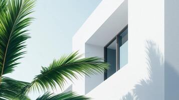 Modern minimalist east style window building with white tone wall and greenery palm plant decoration photo