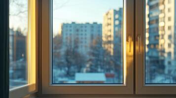 Glass window winter view corner metal frame with plant in outdoor modern architecture photo
