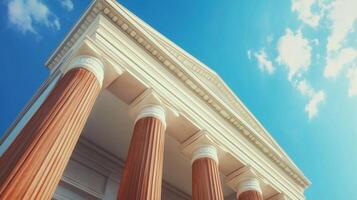 Stone columns concrete texture pillar classical building exterior with blue sky photo