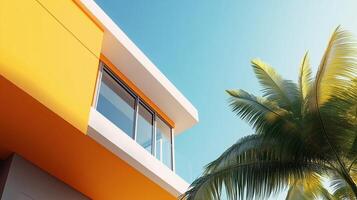 Simple minimal style modern building with yellow fresh, palm tree tone and blue sky, bottom view photo