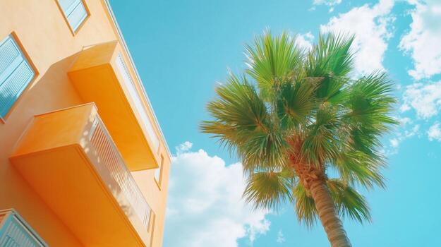 sencillo mínimo estilo moderno edificio con amarillo fresco, palma árbol tono y azul cielo, fondo ver foto