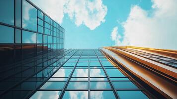 Building exterior blue and gold glass window wall modern commercial architecture building photo