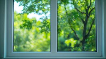 Glass window with forest view and blue frame photo