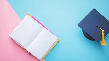 Blank white book open white paper and a pair black shoes top of view blue background photo