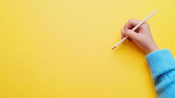 Hands kid drawing simple sketch with pencil copy space background photo