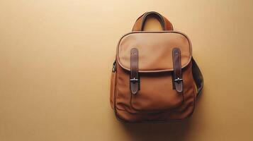 Brown school bag a stationery place or working briefcase copy space solid background photo