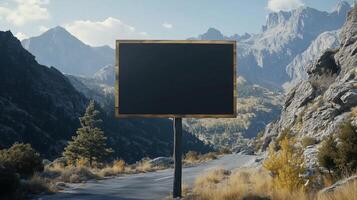 Mockup black blank board on the highway mountain view going to journey photo
