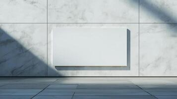 Mockup white blank board modern placard rectangle advertising in wall building for information photo