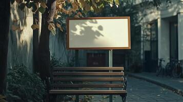 Mockup white blank board copy space for information in park with chair and green tree photo