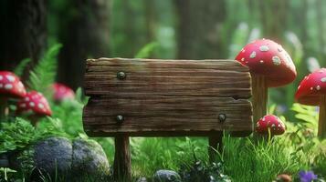 Blank wooden trunk board for label information important in mushroom botanical field garden photo