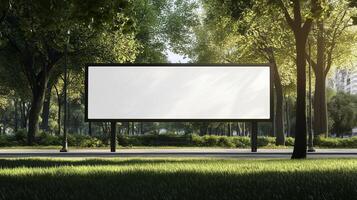 Mockup white blank board copy space for information and promotion in park with fresh green tree photo