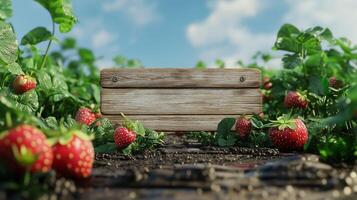 Blank wooden trunk board for label information important in strawberry fruit botanical field garden photo