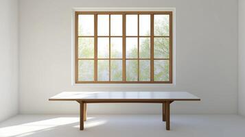 Brown wooden table on empty white wall and window modern minimalism room with shadow sun bright photo