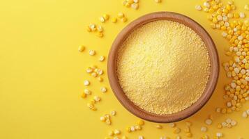 Corn flour on brown wooden bowl and some corn vegetable for food, gluten free copy space photo