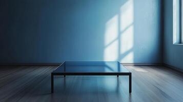 Empty table and blue glass window background with shadow sun bright photo