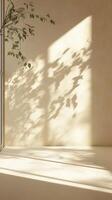 Vivid beige wall with shadow sun light from window in living room minimalist story background photo