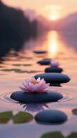 Stone and water lily flower for Zen balance footstep on beach ocean water with sunset relaxation nature photo