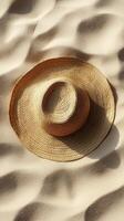 Top of view straw hat on white sand beach holiday summer destination theme photo