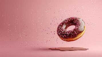 Sweet chocolate topping donut fries snack food flying for tea time photo