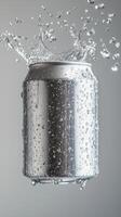 Silver plain soda can fly in water with bubble, liquid cylinder container branding promotion drink photo