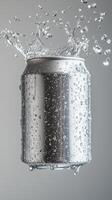 Silver plain soda can fly in water with bubble, liquid cylinder container branding promotion drink photo