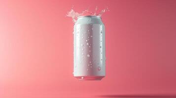 Silver plain can in water with bubble, liquid cylinder container branding promotion drink photo