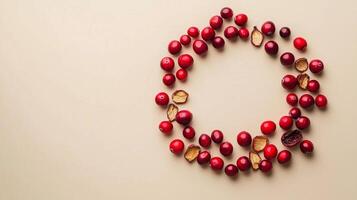Flat lay circular arrangement of cranberries vegetable fruit for natural ingredient, copy space photo