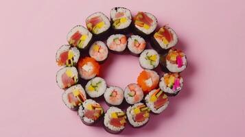 Gimbap rice roll seaweed wrapped with seafood and vegetable circular arrangement copy space background photo