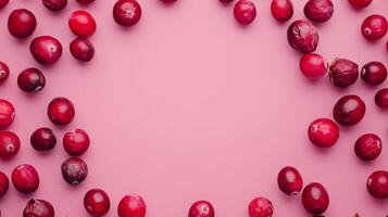 Flat lay circular arrangement of cranberries vegetable fruit for natural ingredient, copy space photo
