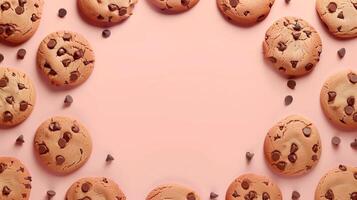 Circular arrangement of Chocolate chip cookies sweet snack, copy space pink background photo