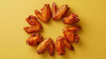 Circular arrangement of Chicken wings juicy grill meat copy space solid background photo